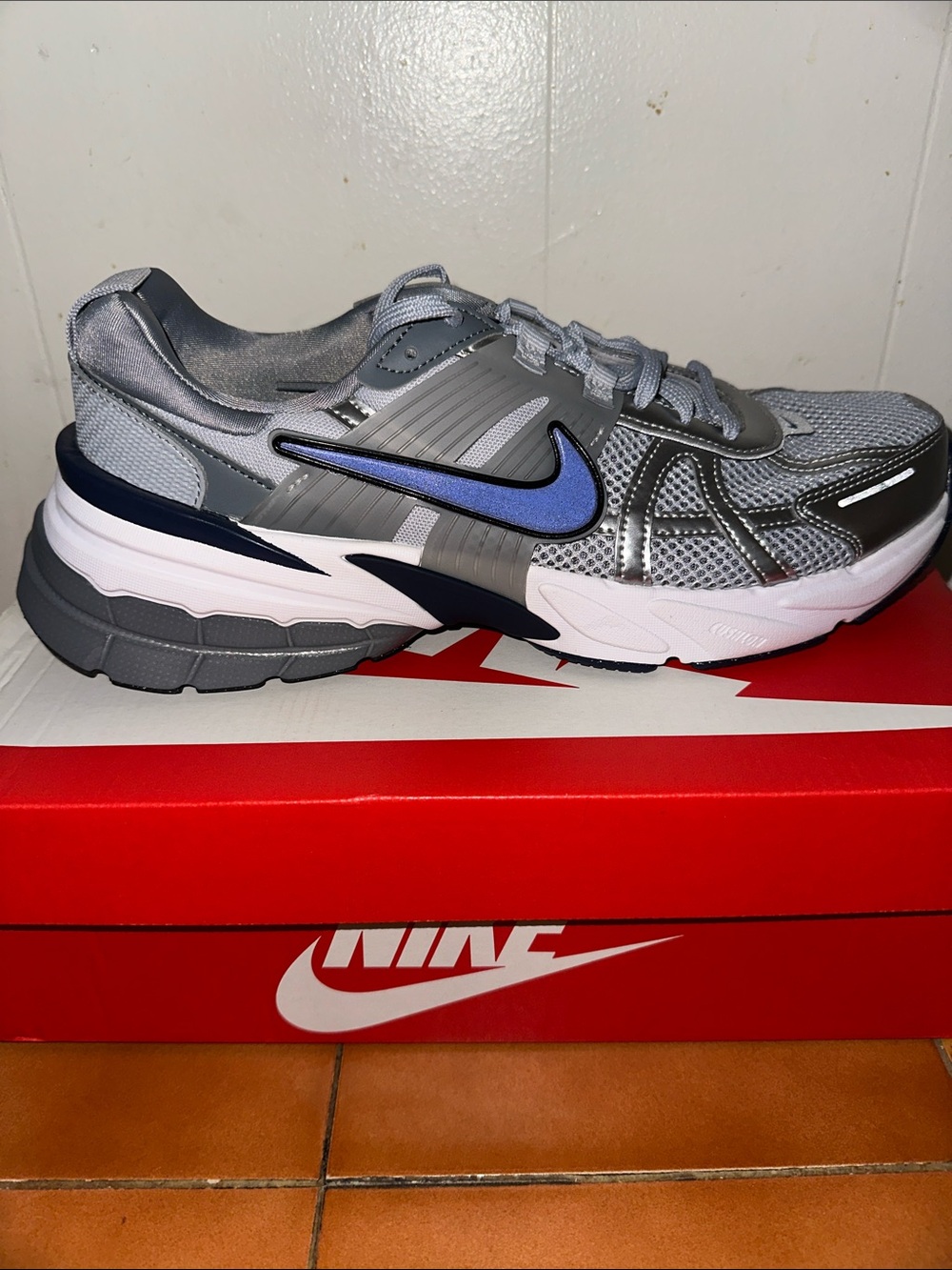 Nike V2K Gray and Blue Mesh Athletic Sneakers
